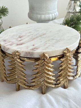 Holiday BELLA LUX Marble Cake Serving Plate With Gold Metal Christmas Trees 8"
